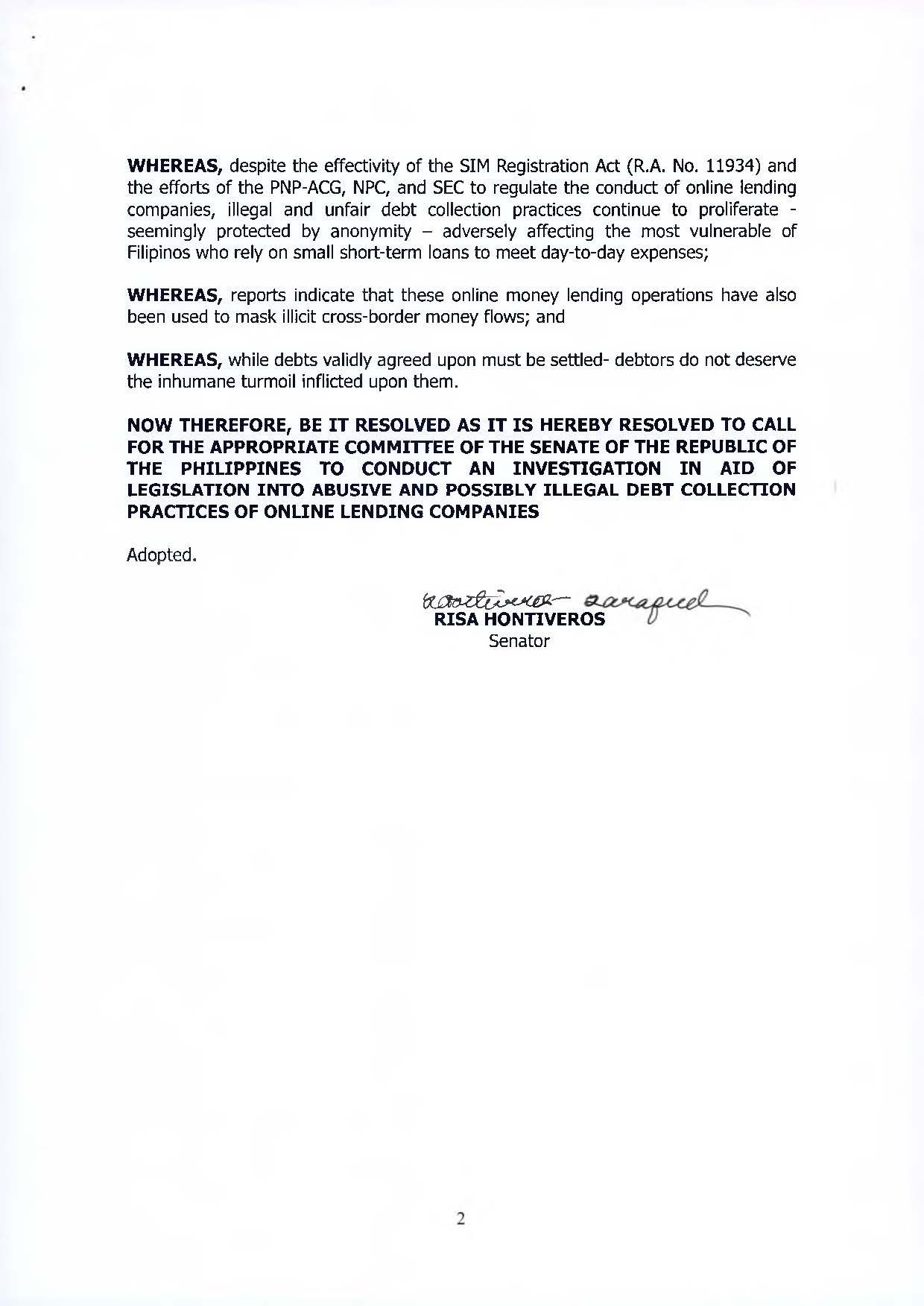 Probe ‘abusive, illegal’ collection practices of online lending firms: Unveiling Unlawful Tactics in the Loan Industry 3 Online Lending Companies. P.S.R No. 882 by Senator Risa Hontiveros