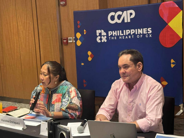 CALL FOR VIGILANCE Contact Center Association of the Philippines (CCAP) President Haidee Enriquez (left), with CCAP Chairman Mitch Locsin during a press briefing ahead of the Contact Islands 2025 summit in Cebu City, is seeking an industry-wide vigilance to safeguard the reputation of the Philippine outsourcing sector amid reports on dubious call centers. PHOTO BY KAISER JAN FUENTES